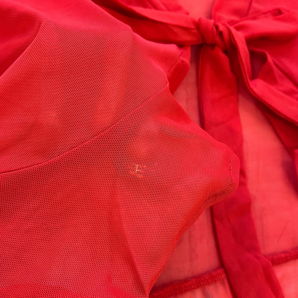 Allegra K Red Nylon Mesh Tie-Front Sheer Top - Picture 2 of 3